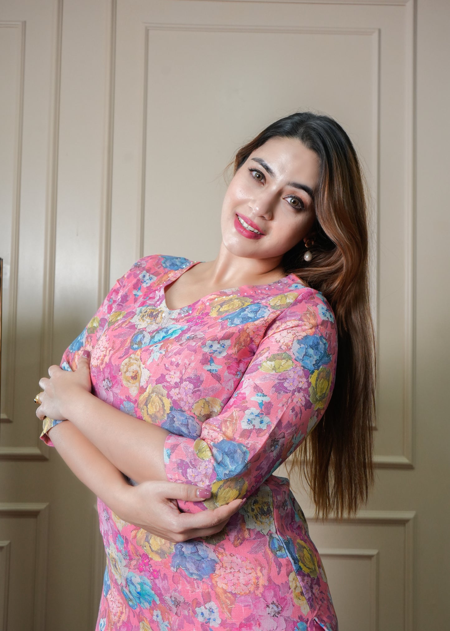 Pink with Blue and Yellow Floral Print Vintage Linen Kurti Pant Set