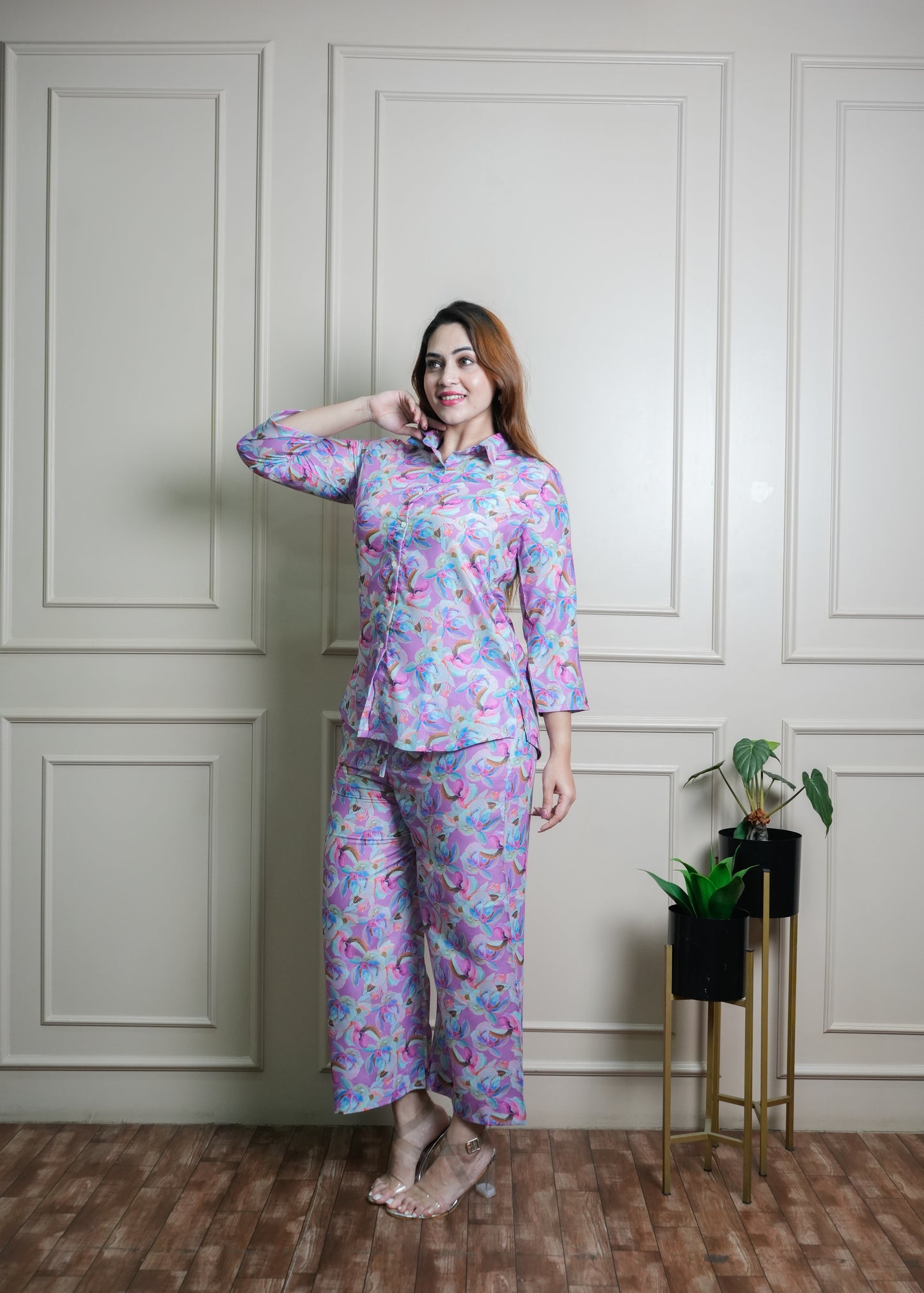 Lilac, Light Blue & Pink Floral Print Cotton Coord Set – Breathable & Stylish