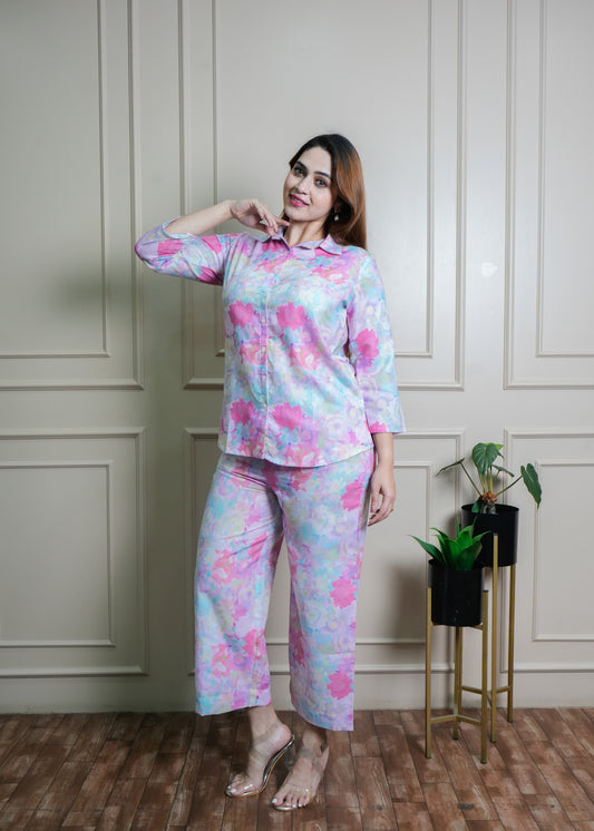 Pink, Blue & Lilac Floral Print Cotton Coord Set – Breathable & Chic