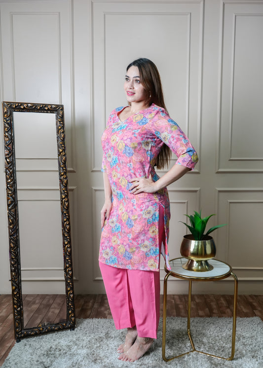 Pink with Blue and Yellow Floral Print Vintage Linen Kurti Pant Set