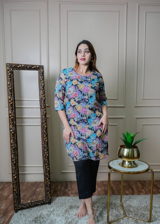 Black with Multicolour Floral Vintage Linen Kurti Pant Set