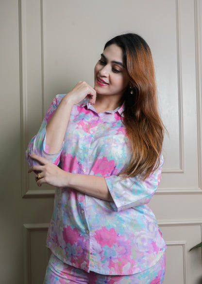 Pink, Blue & Lilac Floral Print Cotton Coord Set – Breathable & Chic