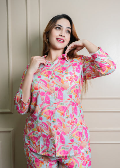 White & Coral Leaf Print Cotton Coord Set – Breathable & Elegant