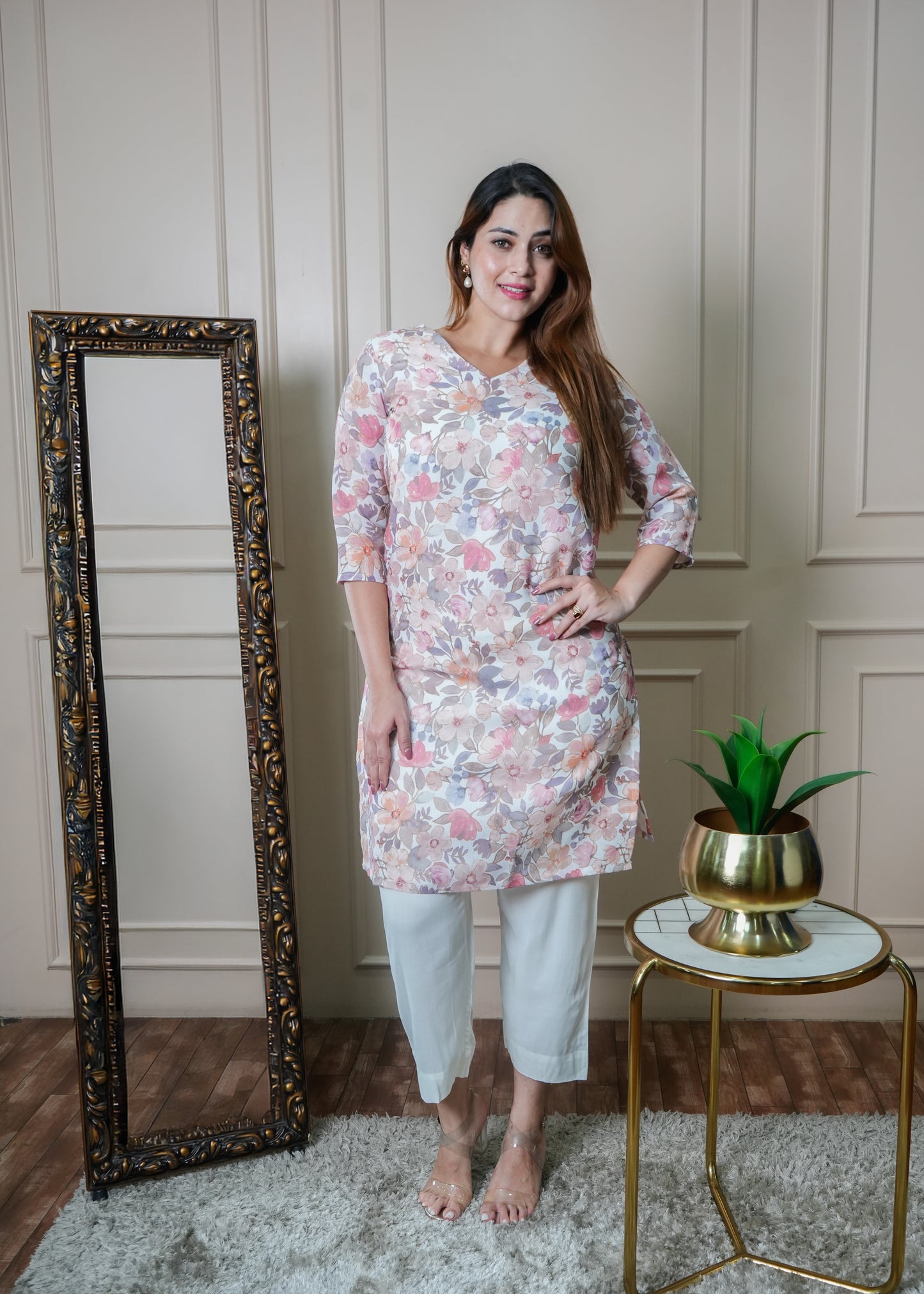White Floral Linen Kurti Set with Pants