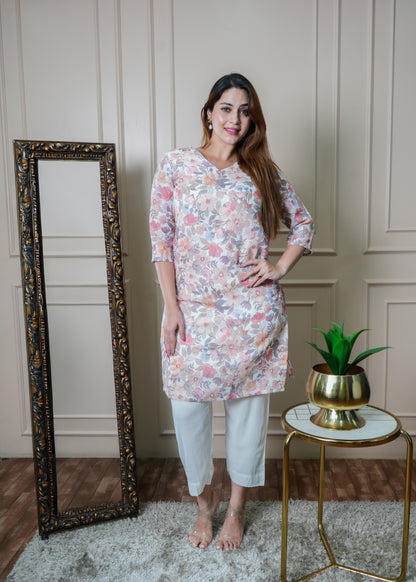 White Floral Linen Kurti Set with Pants