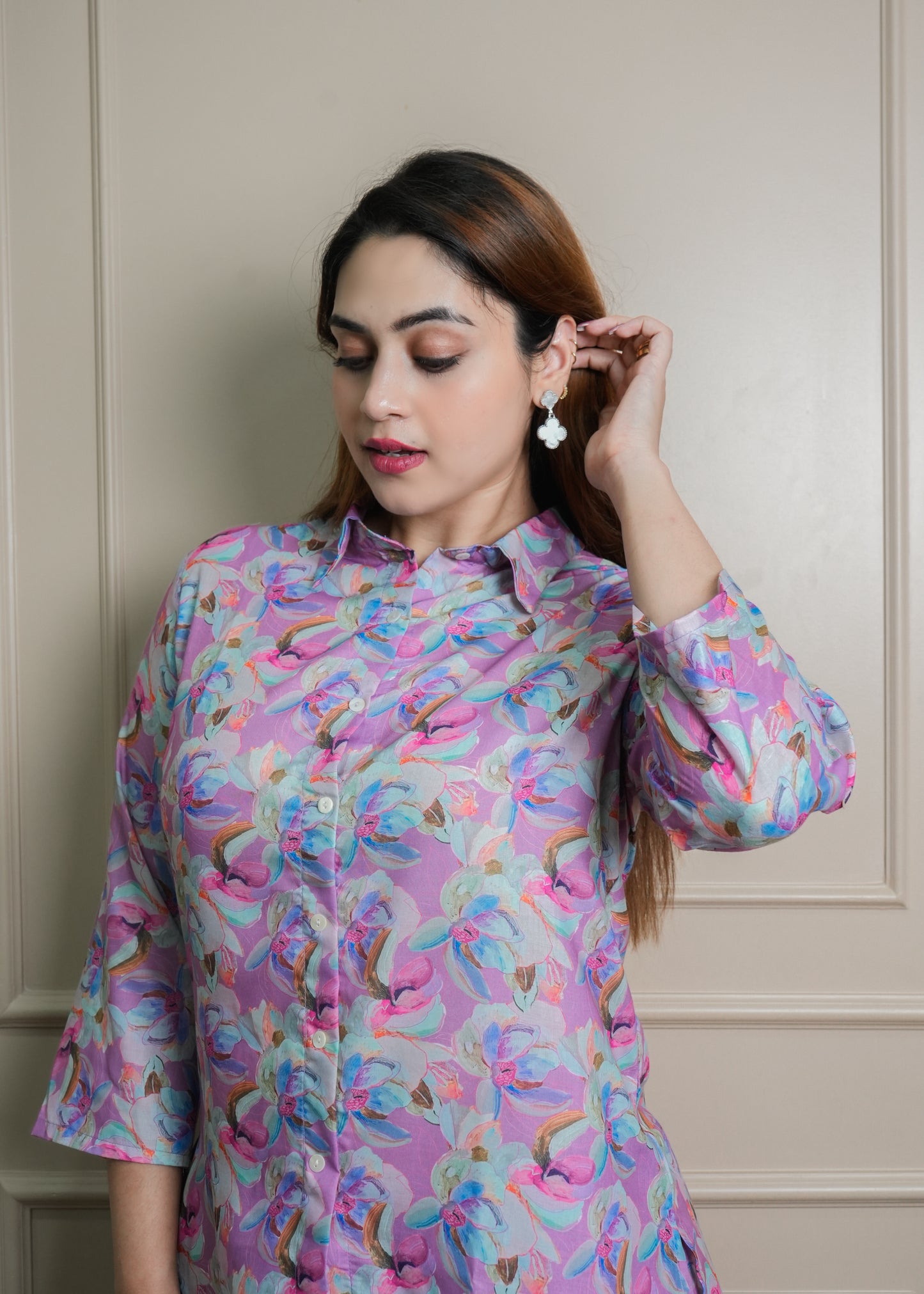 Lilac, Light Blue & Pink Floral Print Cotton Coord Set – Breathable & Stylish