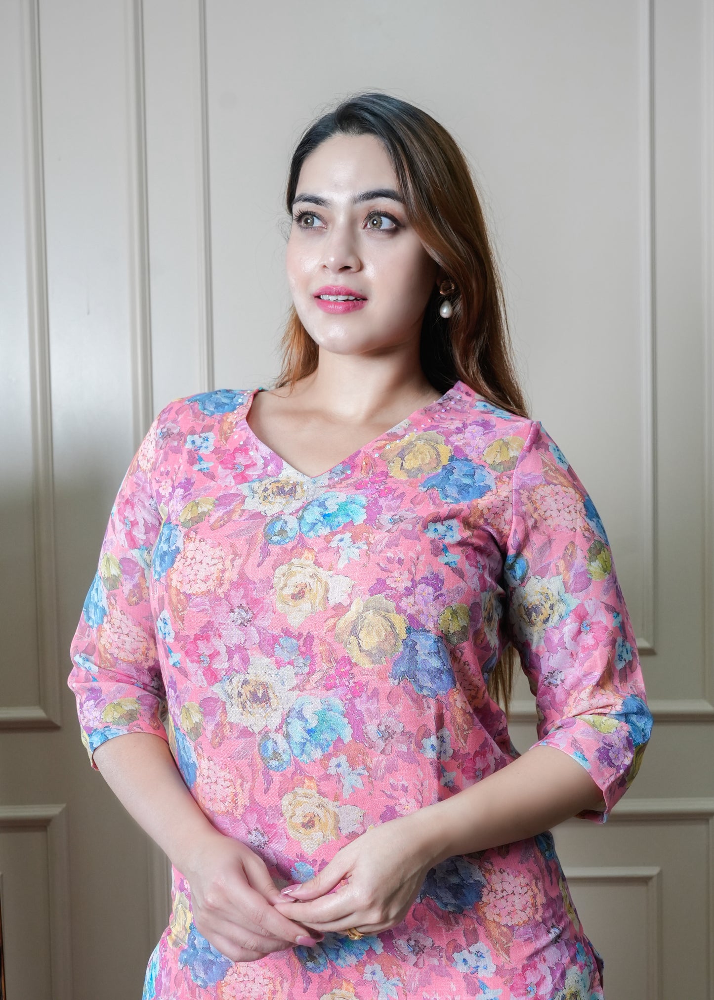 Pink with Blue and Yellow Floral Print Vintage Linen Kurti Pant Set