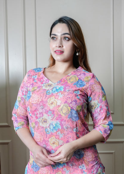 Pink with Blue and Yellow Floral Print Vintage Linen Kurti Pant Set