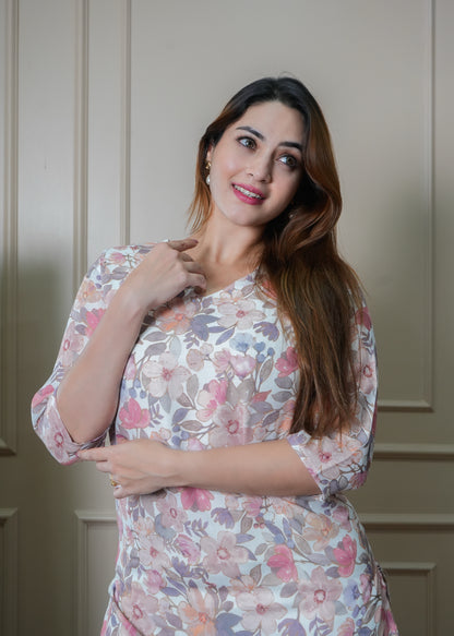 White Floral Linen Kurti Set with Pants