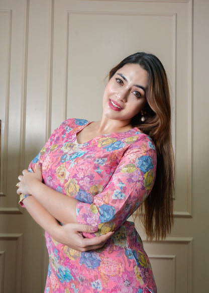 Pink with Blue and Yellow Floral Print Vintage Linen Kurti Pant Set