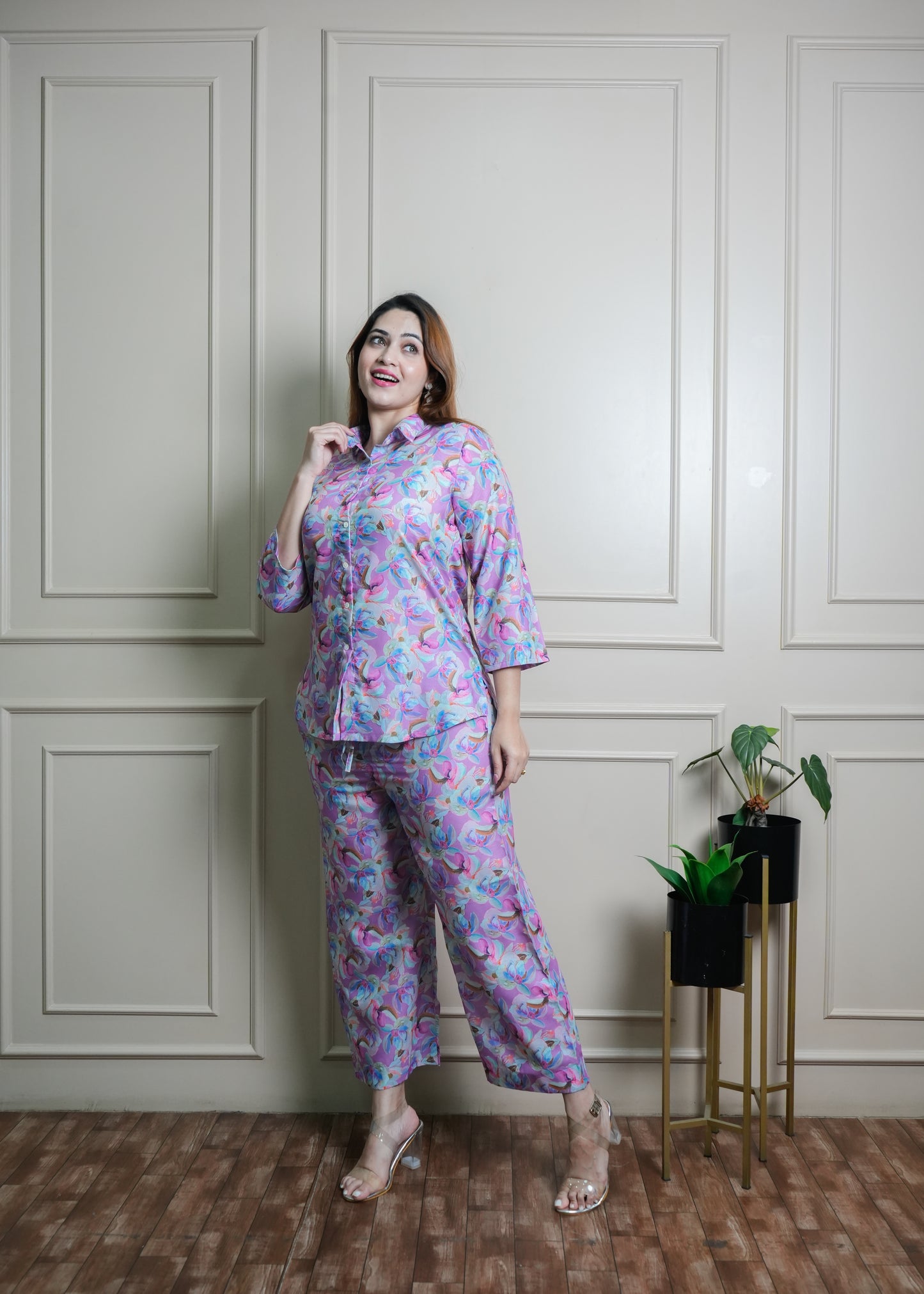 Lilac, Light Blue & Pink Floral Print Cotton Coord Set – Breathable & Stylish