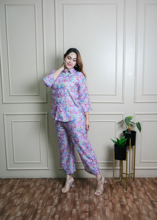 Lilac, Light Blue & Pink Floral Print Cotton Coord Set – Breathable & Stylish