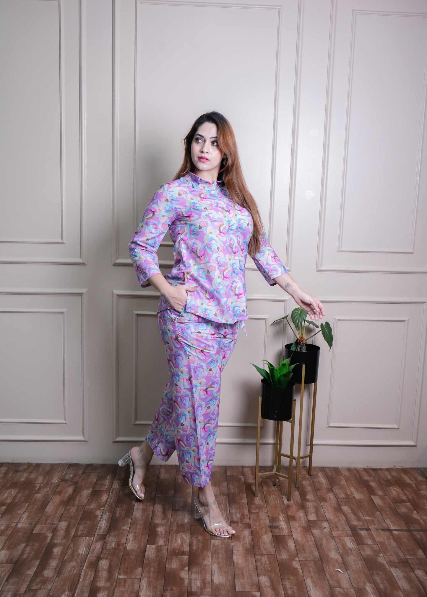 Lilac, Light Blue & Pink Floral Print Cotton Coord Set – Breathable & Stylish