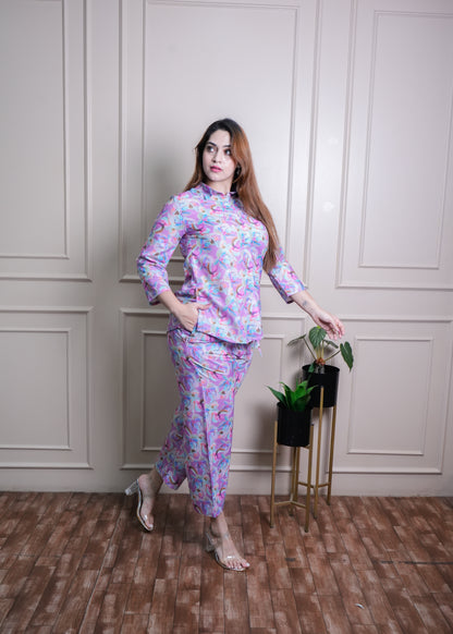Lilac, Light Blue & Pink Floral Print Cotton Coord Set – Breathable & Stylish
