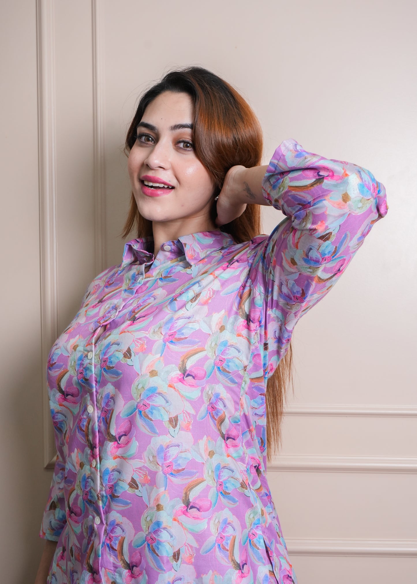 Lilac, Light Blue & Pink Floral Print Cotton Coord Set – Breathable & Stylish