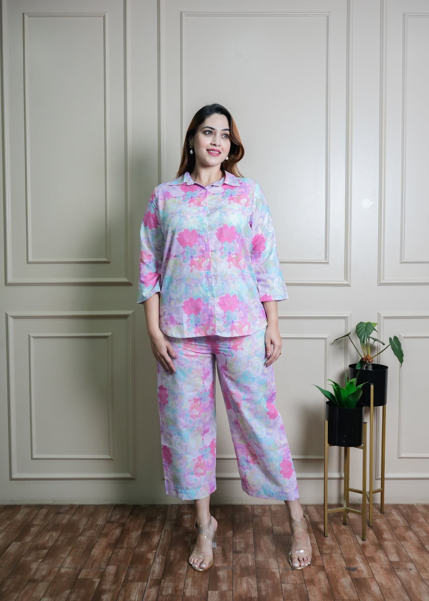 Pink, Blue & Lilac Floral Print Cotton Coord Set – Breathable & Chic