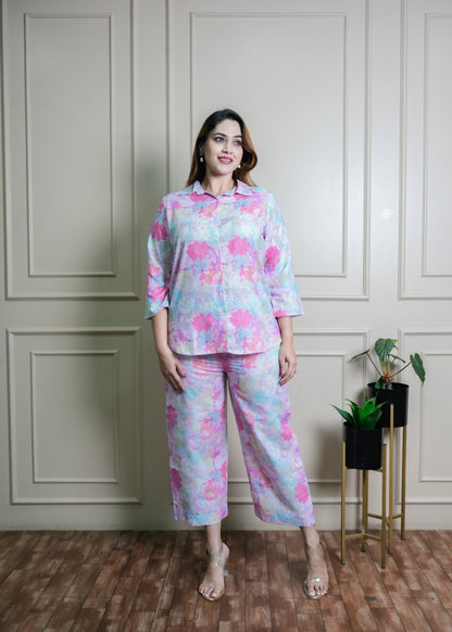 Pink, Blue & Lilac Floral Print Cotton Coord Set – Breathable & Chic
