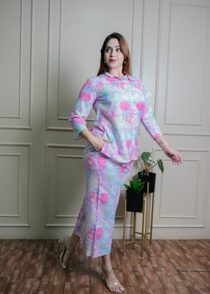 Pink, Blue & Lilac Floral Print Cotton Coord Set – Breathable & Chic