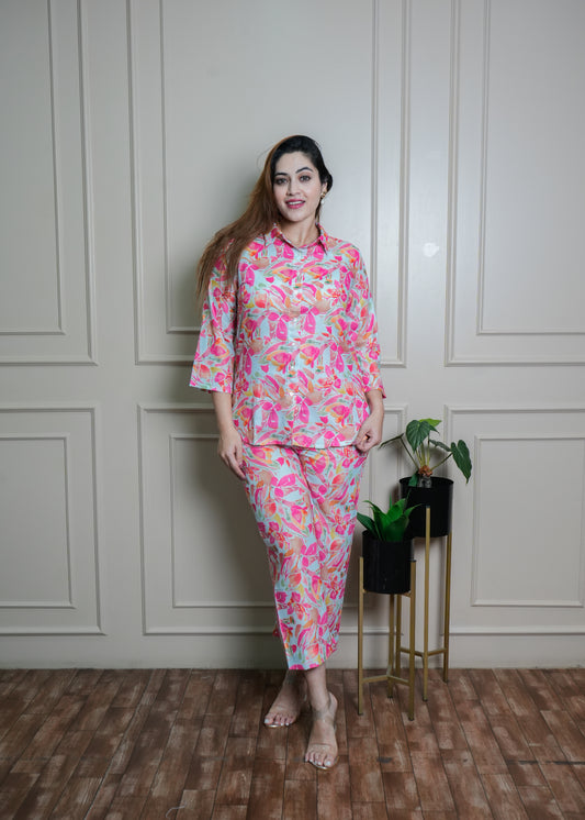 White & Coral Leaf Print Cotton Coord Set – Breathable & Elegant