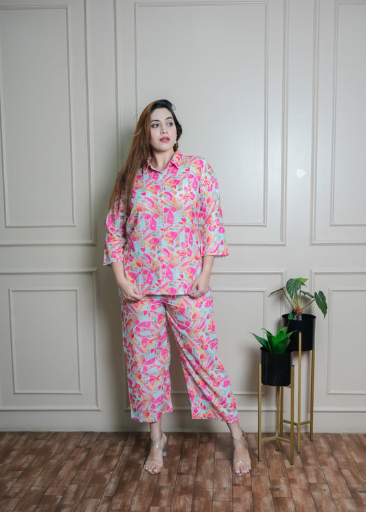 White & Coral Leaf Print Cotton Coord Set – Breathable & Elegant
