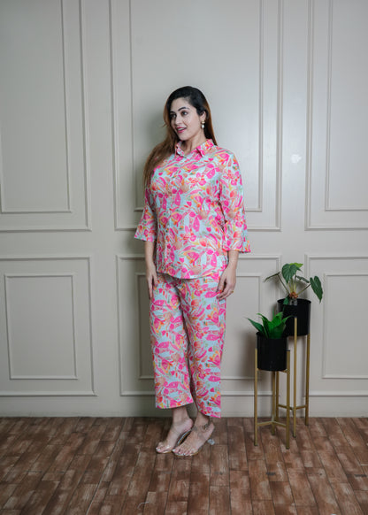 White & Coral Leaf Print Cotton Coord Set – Breathable & Elegant