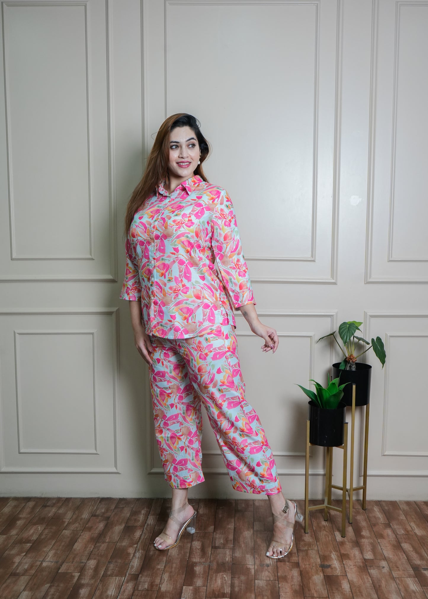 White & Coral Leaf Print Cotton Coord Set – Breathable & Elegant