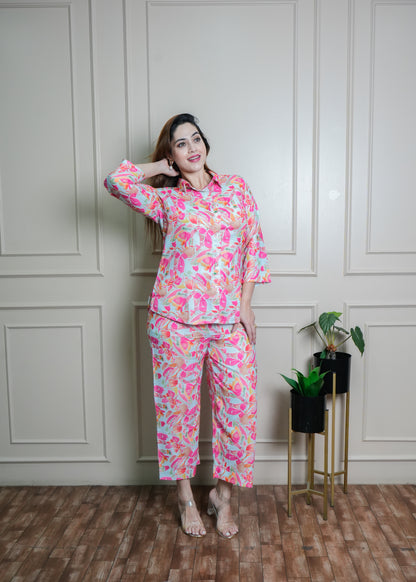White & Coral Leaf Print Cotton Coord Set – Breathable & Elegant