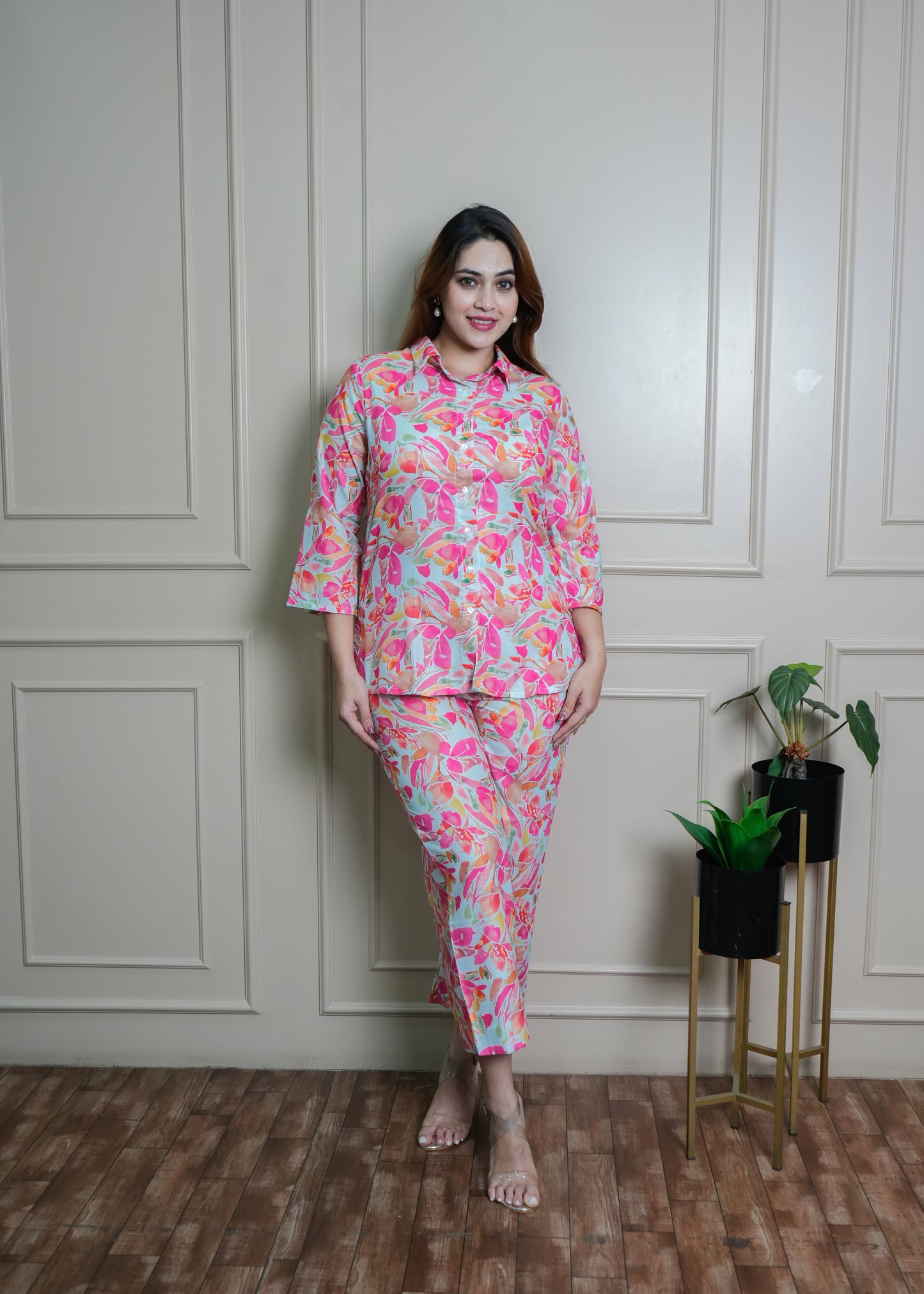 White & Coral Leaf Print Cotton Coord Set – Breathable & Elegant