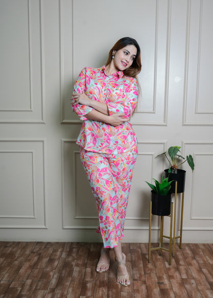 White & Coral Leaf Print Cotton Coord Set – Breathable & Elegant