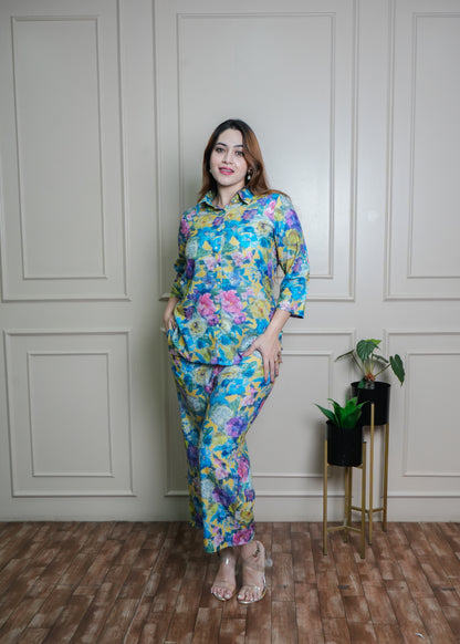 Vibrant Floral Co-ord Set in Blue, Yellow & Pink