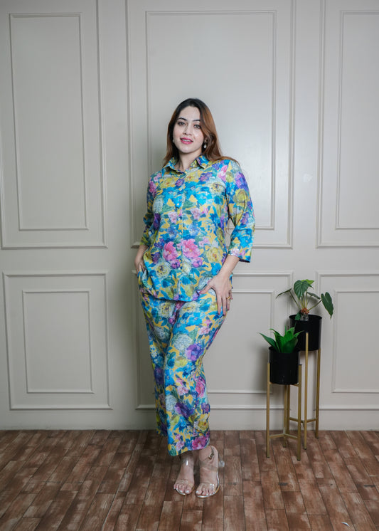 Vibrant Floral Co-ord Set in Blue, Yellow & Pink