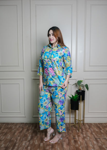 Vibrant Floral Co-ord Set in Blue, Yellow & Pink