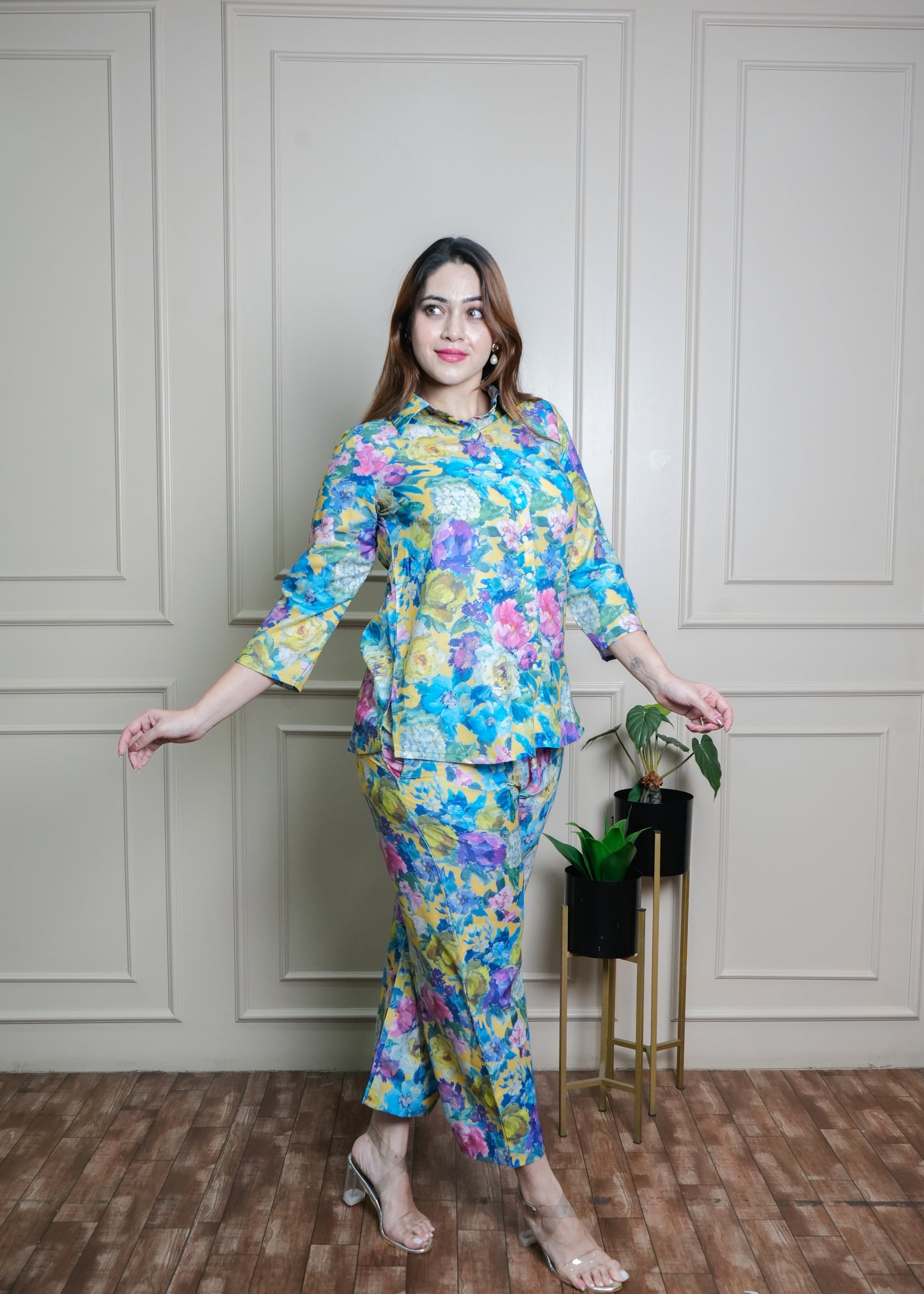 Vibrant Floral Co-ord Set in Blue, Yellow & Pink