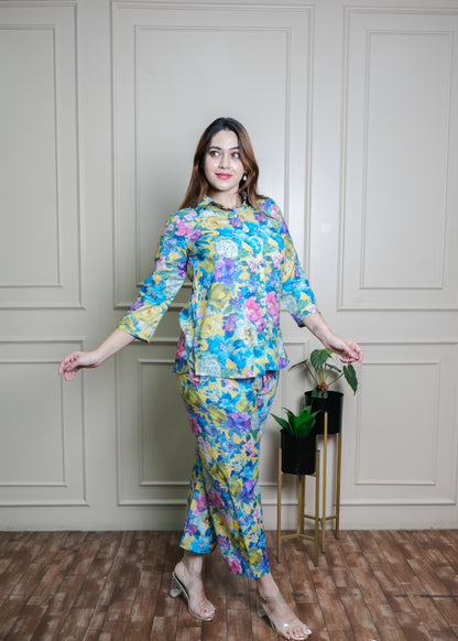Vibrant Floral Co-ord Set in Blue, Yellow & Pink