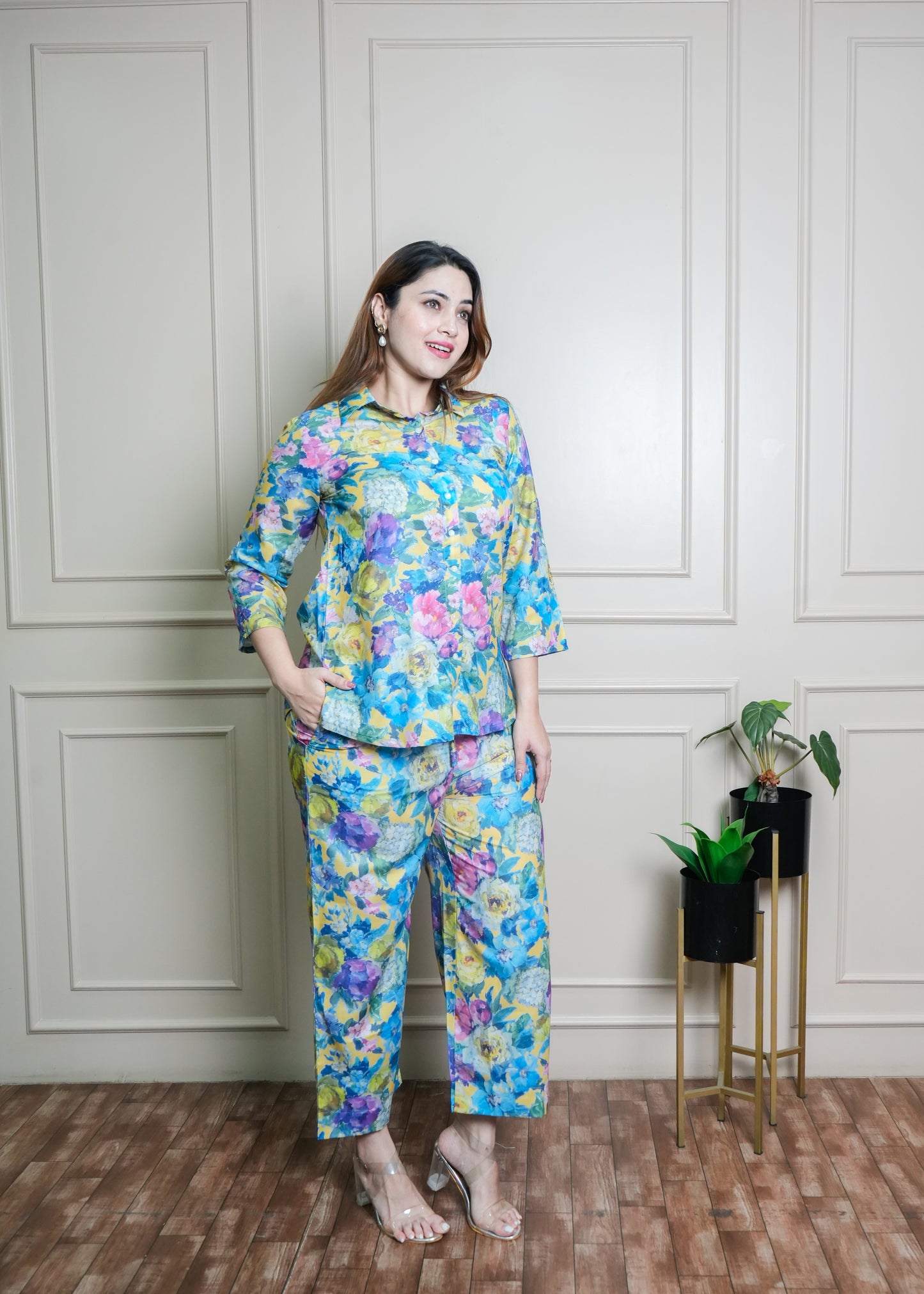 Vibrant Floral Co-ord Set in Blue, Yellow & Pink