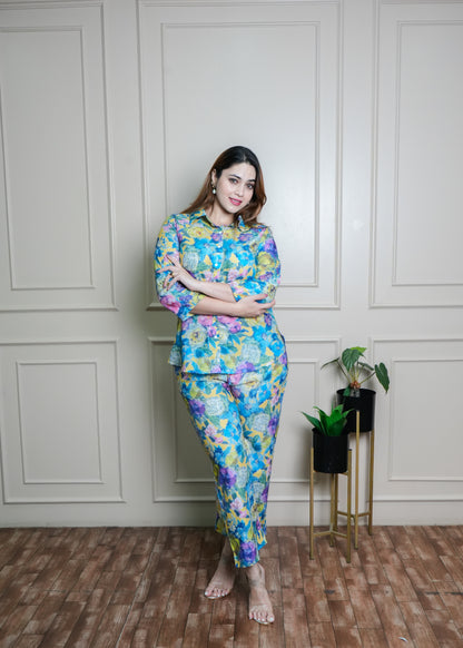Vibrant Floral Co-ord Set in Blue, Yellow & Pink