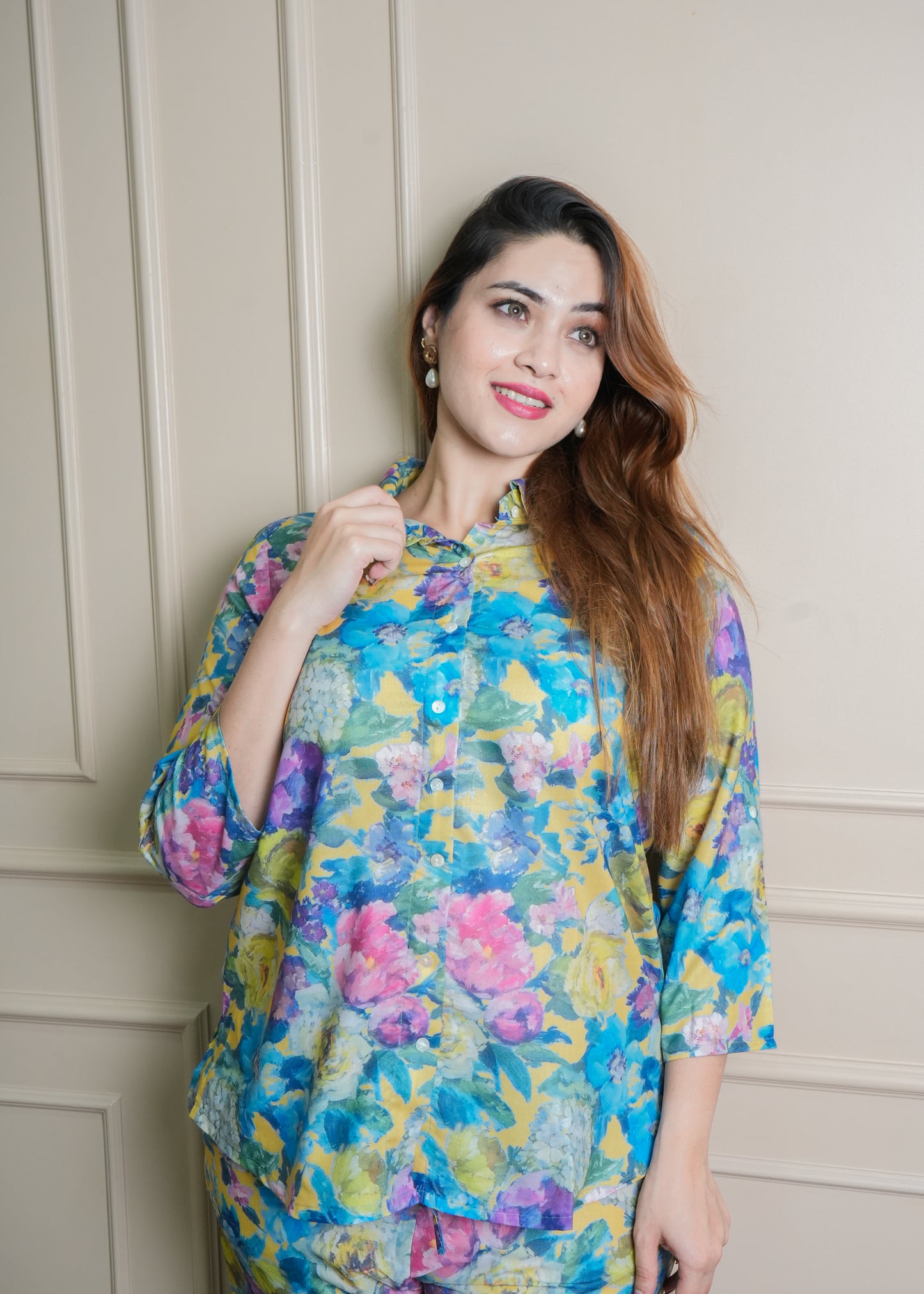 Vibrant Floral Co-ord Set in Blue, Yellow & Pink