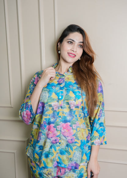 Vibrant Floral Co-ord Set in Blue, Yellow & Pink