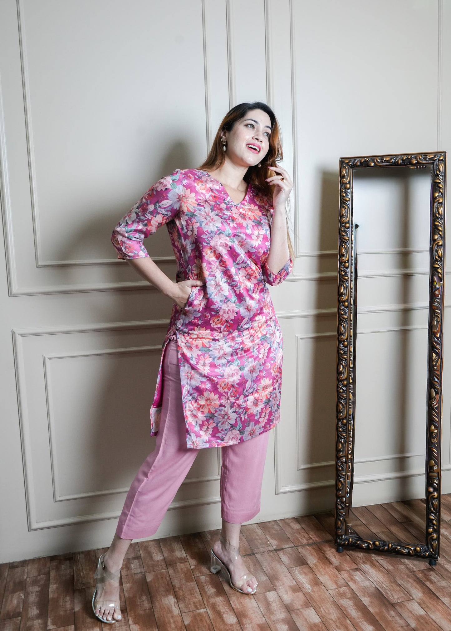 Fuchsia Pink Floral Chinon Kurti Set with Pants – Office & College Wear
