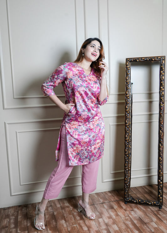 Fuchsia Pink Floral Chinon Kurti Set with Pants – Office & College Wear