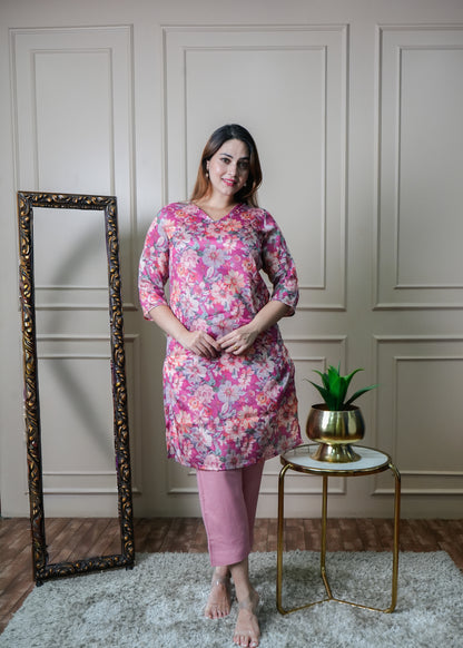 Fuchsia Pink Floral Chinon Kurti Set with Pants – Office & College Wear