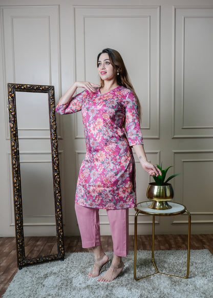 Fuchsia Pink Floral Chinon Kurti Set with Pants – Office & College Wear