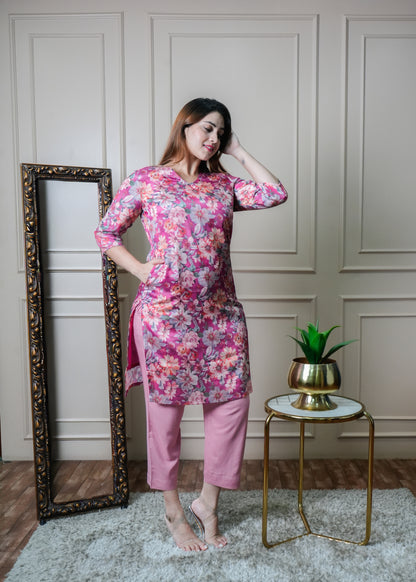 Fuchsia Pink Floral Chinon Kurti Set with Pants – Office & College Wear