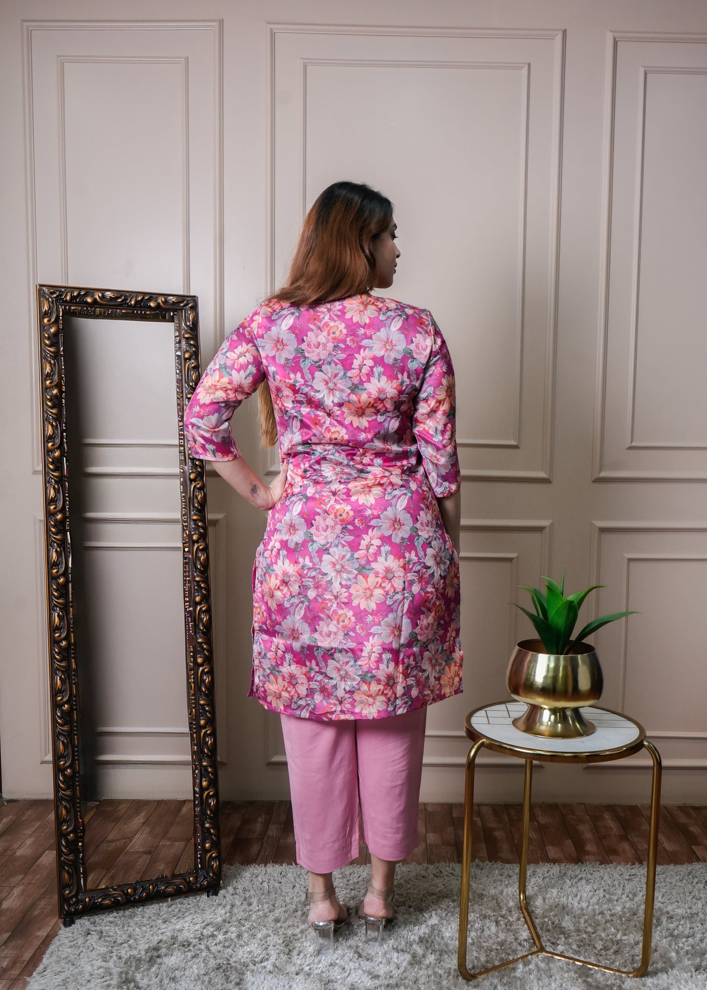 Fuchsia Pink Floral Chinon Kurti Set with Pants – Office & College Wear
