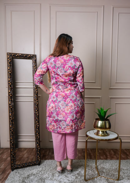 Fuchsia Pink Floral Chinon Kurti Set with Pants – Office & College Wear