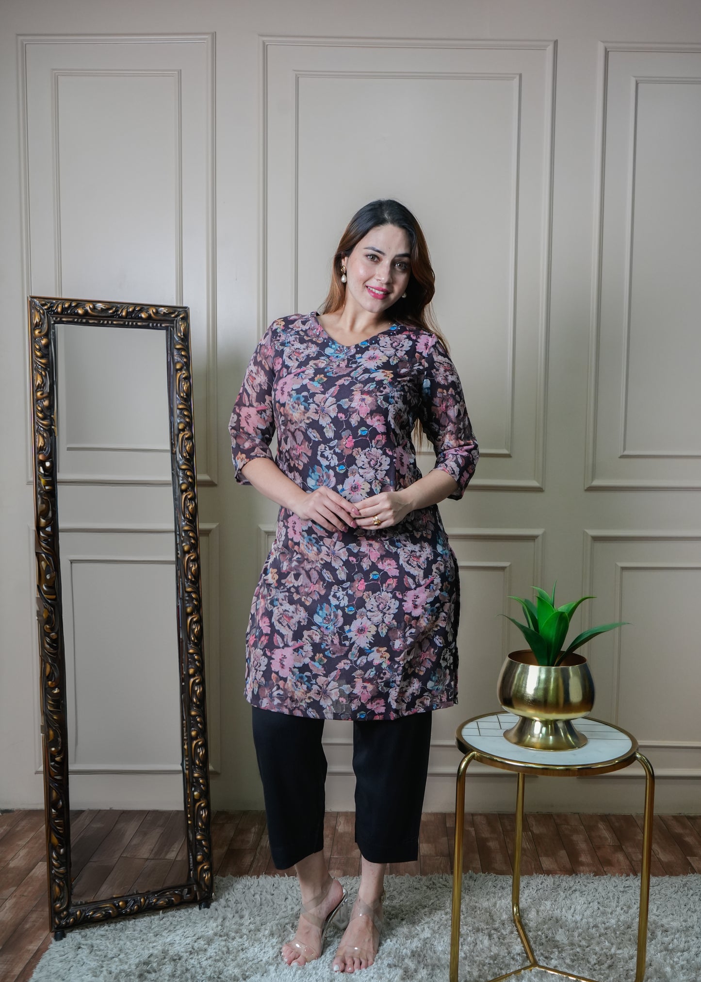 Black and Peach Floral Print Vintage Linen Kurti Pant Set