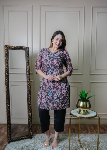 Black and Peach Floral Print Vintage Linen Kurti Pant Set
