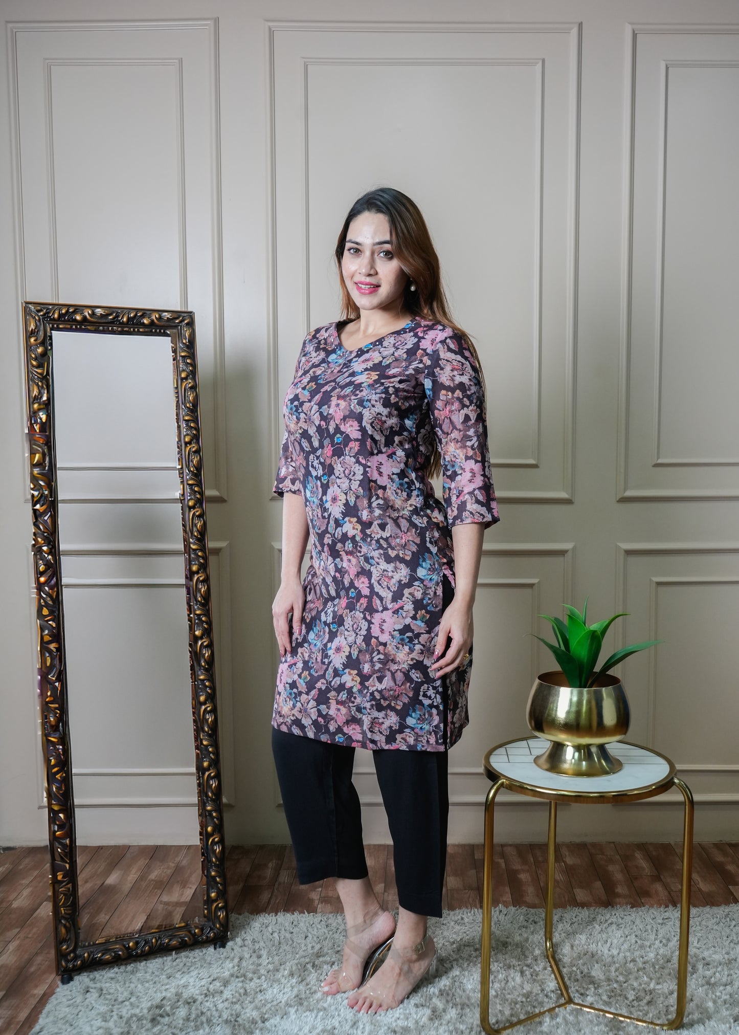 Black and Peach Floral Print Vintage Linen Kurti Pant Set