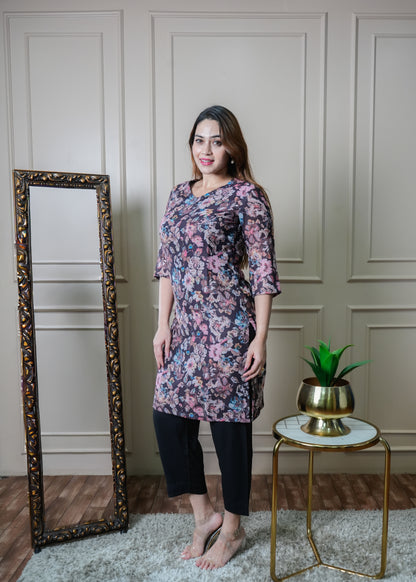 Black and Peach Floral Print Vintage Linen Kurti Pant Set