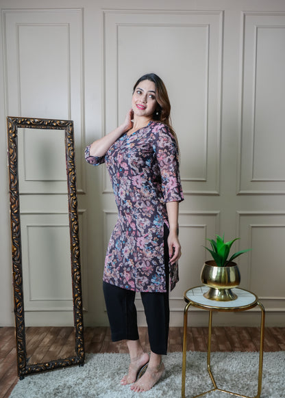 Black and Peach Floral Print Vintage Linen Kurti Pant Set